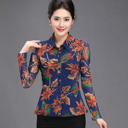 Spring Fall Casual Womens Printed Flower Pattern Slim 3XL 4XL Stretch Mesh Blouse , Vintage Woman Female Cardigan Floral Blouses