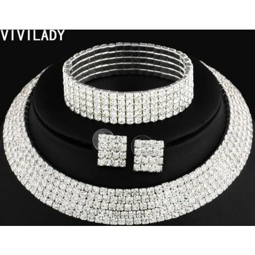 VIVILADY Romantic Statement Crystal Chokers Necklaces Bracelet Earrings Jewelry Sets Women OL Layers Engagement Accessories Gift
