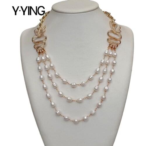 Y·YING 3 Strands Freshwater Cultured White Rice Pearl gold color plated chain Necklace Cubic Zirconia Pave Connector 20"