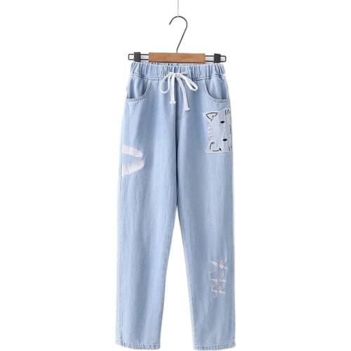 Women Jeans Pants Cute Cat Face Embroidery Mid-Rise Elastic Waist Drawstring Jeans Female Denim Trousers With Pockets 2039036