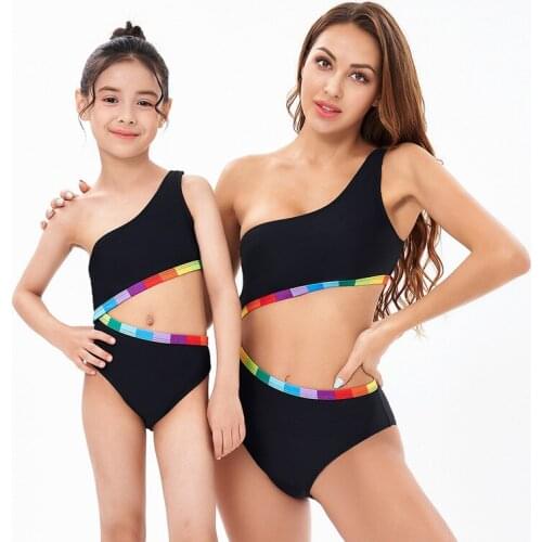 Ladies Sexy Solid Color Bikini Swimsuit With Mid-Waist Covering Belly And Thin One-Piece Parent-Child Swimwear