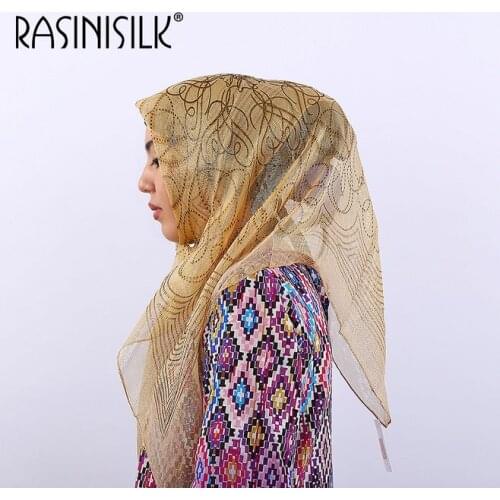 Women Luxruy Mulberry Silk Scarf Hijab Muslim Ultralight Ladies Square Scarf Streak Pattern Islamic Shawl Headscarf Turban