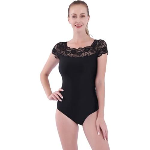 Speerise Womens White Lace Basic Ballet Leotard Short Sleeve Stretch Gymnastics Leotards Black Sexy Bodysuit Sport Dance wear