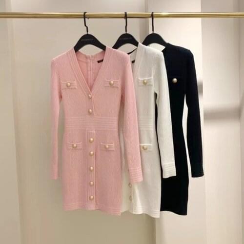 New Fall Collection High Quality V-neck Buttons Streetwear Casual White Sheath Knitted Dress pink black wholesale dropship