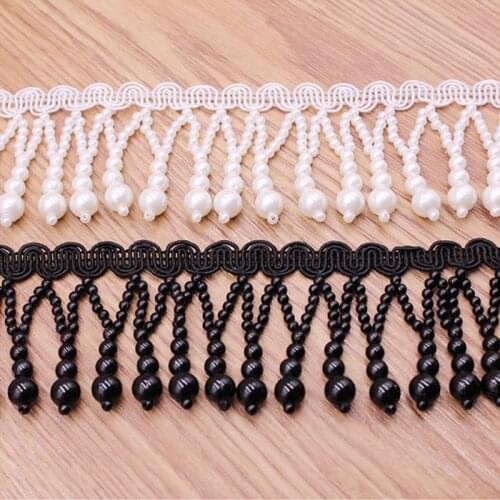 1Yards Black White Silk Tassel Fringe Trim Pearl Tassle Beaded Lace Ribbon Lace Trim Fabric Sewing Curtain Pearl Pendant Tassels