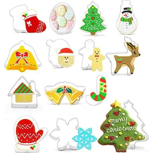 14pcs Christmas Baking Mold Tree Cake Decoration Bear Elk Glove Chocolate Handmade Biscuit Muffins Soap Non-Stick Steel Tool