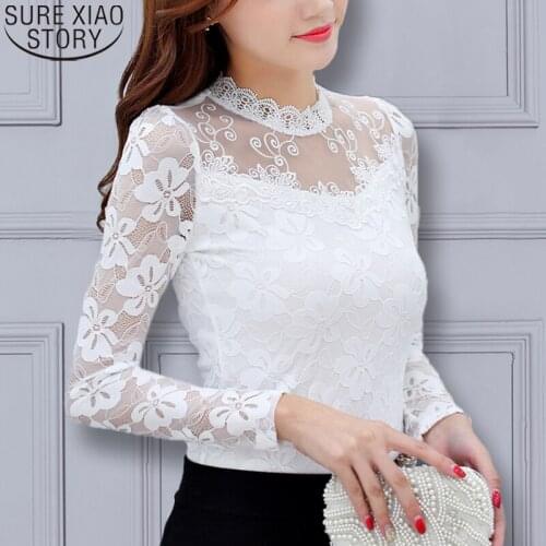 White Lace Shirt Hollow Out Blusas Mujer De Moda 2021 Womens Blouses Stand Long Sleeve Shirts Pullover Plus Size Tops 2305 50