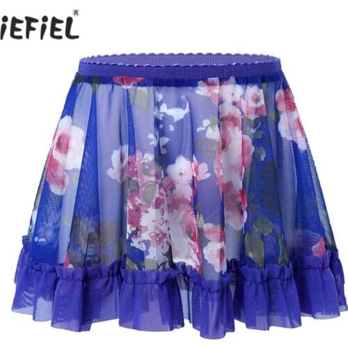 Kids Skirts For Girls See-through Elastic Waistband Floral Print Ruffled Hem A-line Mini Short Skirt Girl Party Dance Skirt