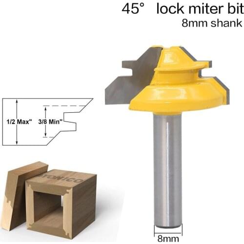 1Pc 45 Degree Lock Miter Router Bit 8Inch Shank Woodworking Tenon Milling Cutter Tool Drilling Milling For Wood Carbide Alloy