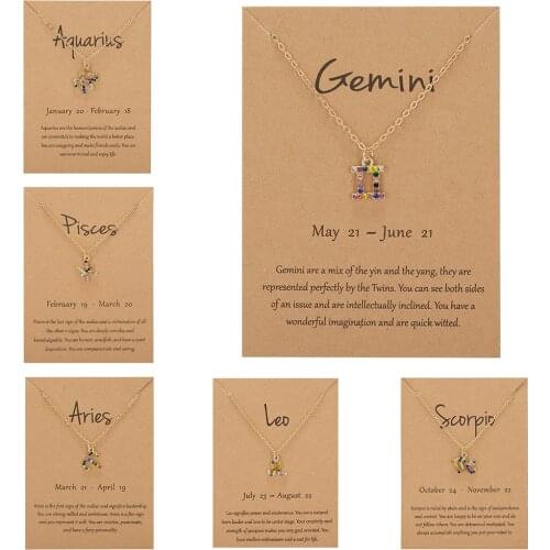Cardboard Zodiac Sign 12 Constellation Necklace Colorful Crystal Charm Gold Chain Choker for Women Birthday Party Jewelry Gifts