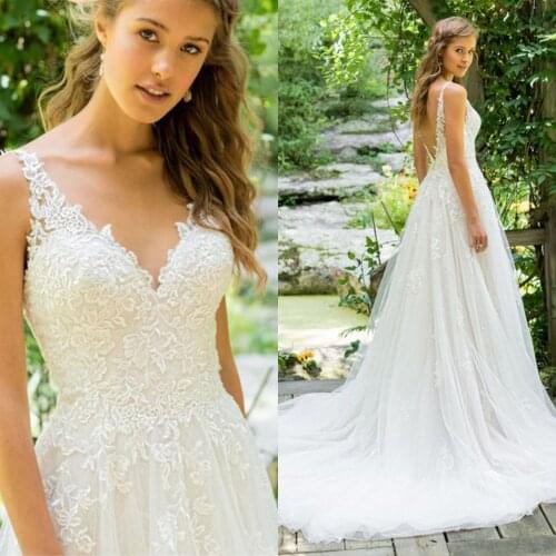 Classic V-Neck Wedding Dresses Appliques Tulle Custom Made Backless Wedding Bridal Gowns New