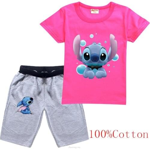 Disney Cartoon Stitch Boy Clothes Sets Baby Kids T-Shirt Tees Pants Outfits Casual Children Girl Sportswear Suits