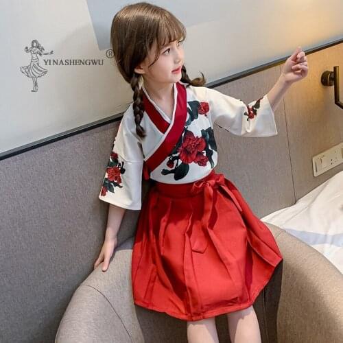 Girl Japanese Dress Kimono Costume Floral Tops Skirt Asian Women Clothing Kids Yukata Haori Clothes Child Print Kawaii Robe Sets