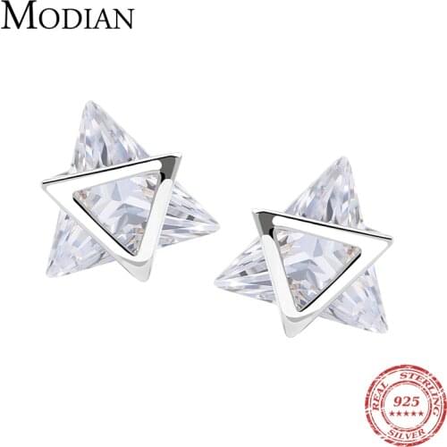 Modian Simple Tiny Solid 925 Sterling Silver Triangle Clear CZ Fashion Stud Earrings Charm Cute Earring For Girl Fine Jewelry