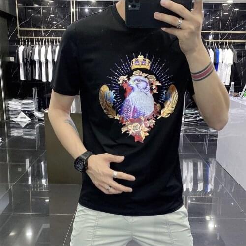 Selected printing European and American mens short-sleeved shirt T-shirt hot diamond silk sequins casual slim designer comforta