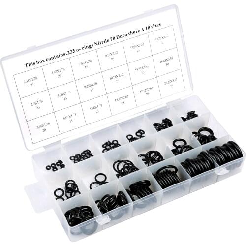 18 Sizes =225pcs O-Ring Assortment Kit AS-568 INCH O Ring Seals Watertightness Rubber Gaskets Black Washer Kit