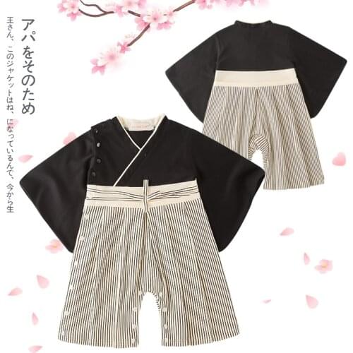 Baby Boy Clothes Toddler Baby Boys Black Japanese Romper Stripe Printed Kimono Jumpsuit Infant Bebes Long Sleeves Coveralls