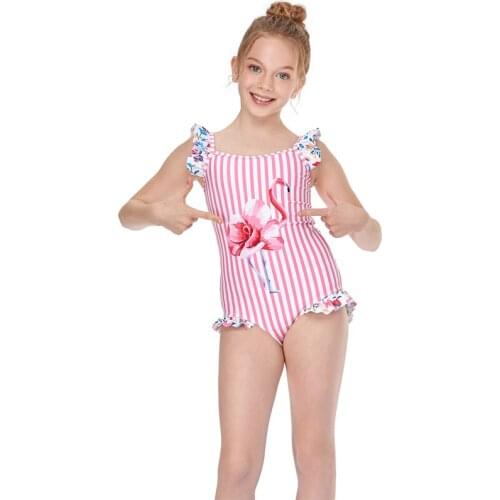 2-12Y 2021 Kids Swimsuit One-piece Childrens Swim Suit Baby Swimwear Ruffle Striped Beachwear Full Piec Girls Swimming Costume
