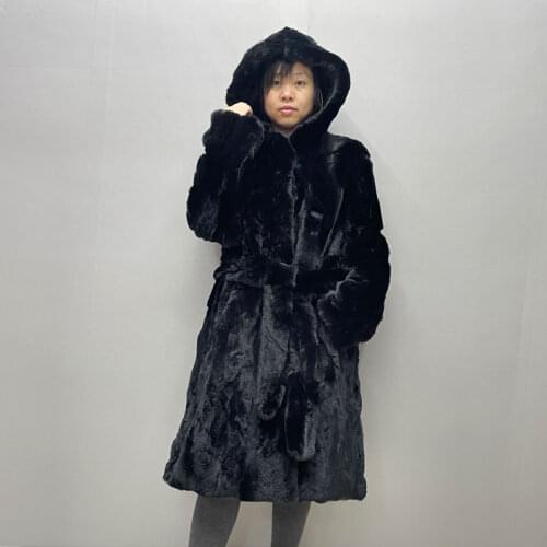 Winter Womens Real Rex Rabbit Fur Hooded Coat Plus Size Natural Fur Long Coat and Waist Belt and Side Vent can Customer made