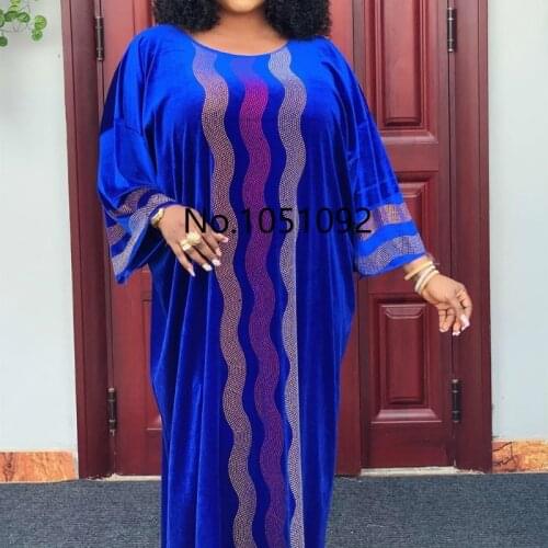 Muslim Moroccan Kafan Diamon Maxi Dresses for African Elegant Velvet Dress Women Africa Clothing Bazin Long Sleeve Robe Growns