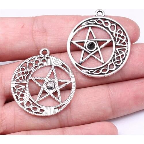 WYSIWYG 5pcs Charms 33x30mm Star Crescent Moon Charms For Jewelry Making DIY Jewelry Findings Antique Silver Color Pendant