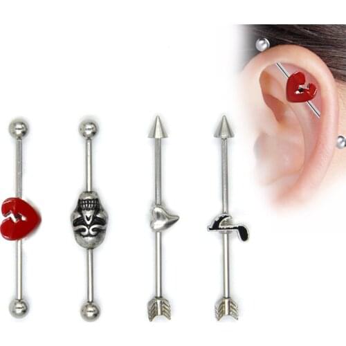1Pc Music Skull Broken Heart Design Stainless Steel Earring Barbell Industrial Ear Cartilage Helix Stud Piercing Body Jewelry