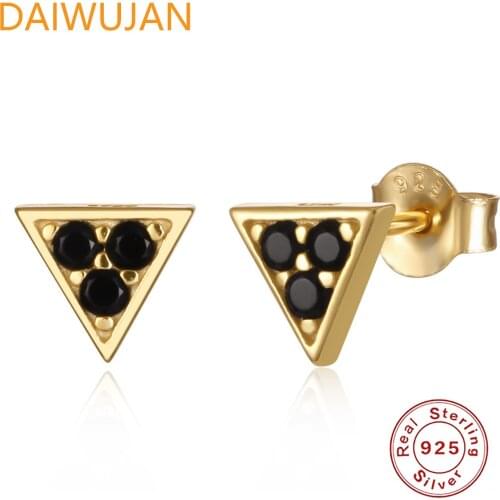 New Authentic 925 Sterling Silver Stud Earrings For Women Men Gold Plated Black Zircon Triangle Small Earrings Punk Jewelry