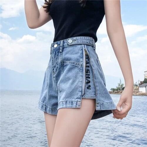 High Waist Denim Shorts Woman High Waist Wide Leg Fashion Loose Denim Shorts Washed Sexy Female Side Zipper Close Short Pants