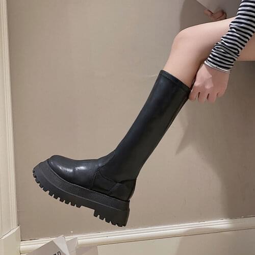 Women Boots Ladies Shoes Slip on Mid Calf Boots Platform Non Slip PU Soft New Footwear Woman Fashion Spring Botas De Mujer