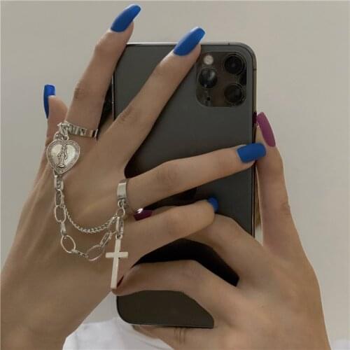 Fashion Simple Silver Color Jesus Cross Chain Ring Punk Hip Hop Style Adjustable Ring Set For Women Party Club Jewelry Gift