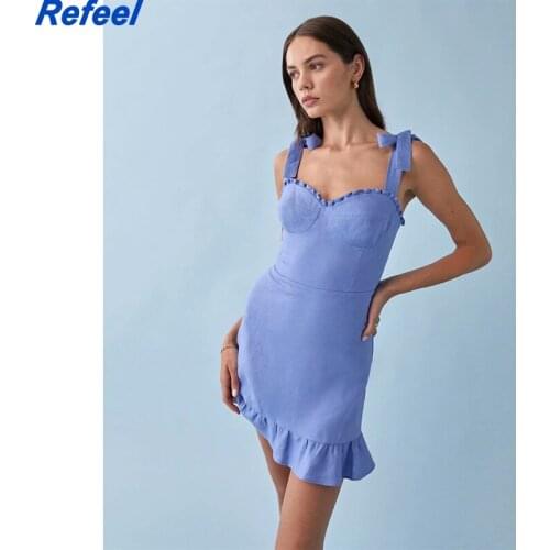 2021 Retro Wood ears Collar Plain Solid Color Blue Tie Bow Strap Dress Women Slim Ruffles Hem Mini Dress Sexy Beach Holiday Robe