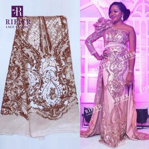2018 High Quality African Nigerian Gold Sequins Lace Fabric Sequined Embroidered Women Dress Laces For Wedding MEsh Tulle Fabric