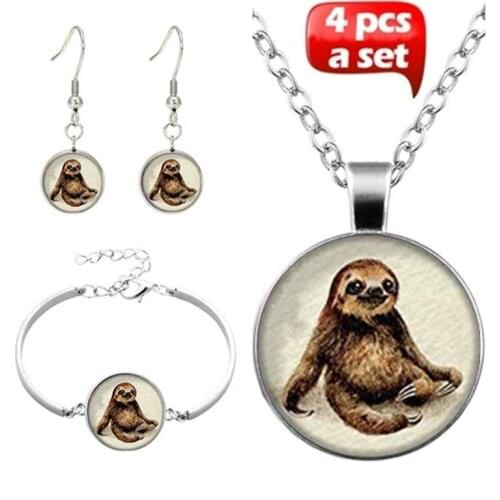 4Pcs/Set New Fashion Handmade Glass Witchcraft Cute Sloth Pendant Choker Necklace Bracelet Earrings For Women Jewelry Gift