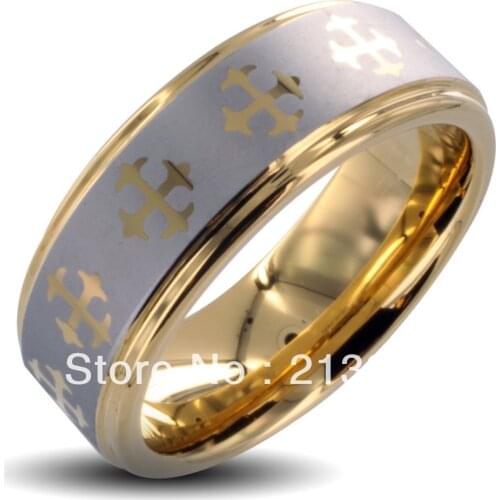 Free Shipping Buy Cheap Discount Price USA HOT Selling 8MM Men&Womens New Golden Christ Cross With StepsTungsten Wedding Rings