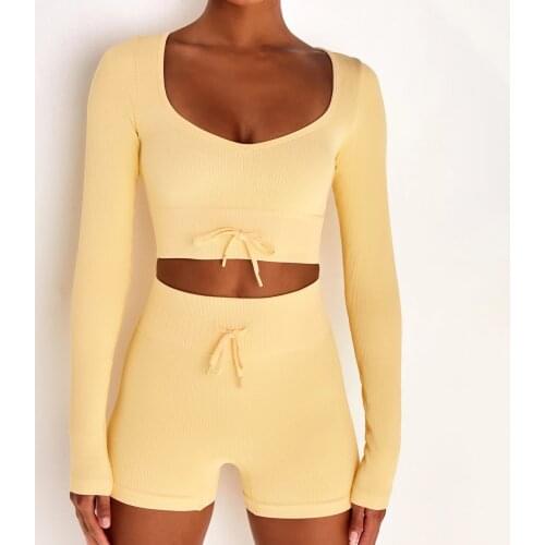 Seamless Yoga Set Knitted Low-cut Sexy Long Sleeve T-shirts Sports Pants Fitness Suit Outdoor Workout Waist Strap Yoga Suit