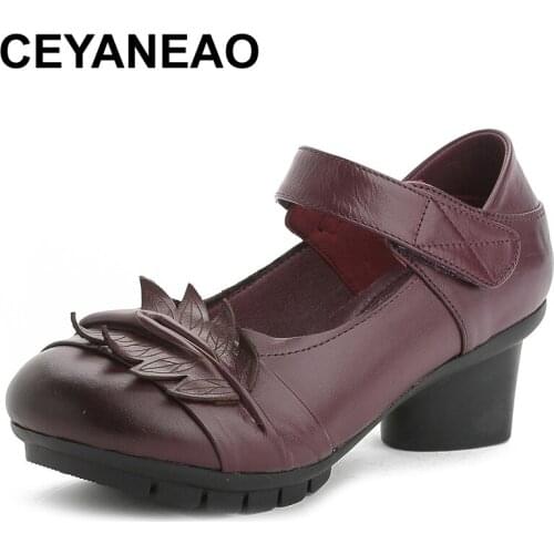 CEYANEAOAutumn Ethnic Style Genuine Leather Women High Heel Shoes Women Pumps Retro Round Toe Thick Heel Casual MotherShoesE1955