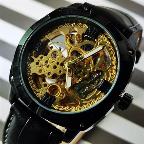 Forsining 2020 Black Golden Clock Transparent Fashion Black Genuine Leather Band Skeleton Automatic Mechanical Watches for Men