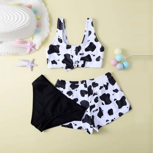 Kids Swimwear For Girls Summer Cute Criss Cross Back Cows Floral Print Three-piece Swimsuit Bathing Suit Детские Костюмы