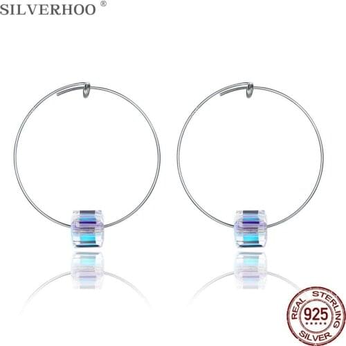 SILVERHOO 925 Sterling Silver Hoop Earrings For Women Austria Crystal Round Earring Engagement Fine Jewelry Gift New Arrival