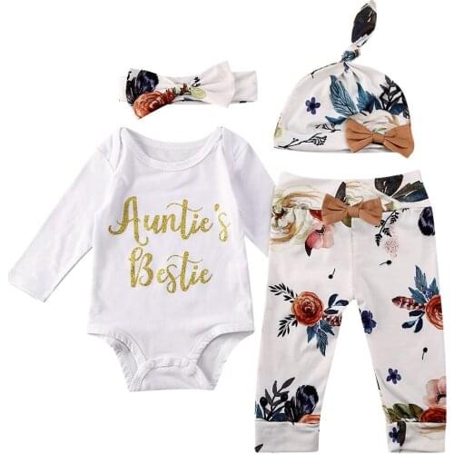 4Pcs Newborn Kids Baby Girls Clothes Sets Letter Floral Romper Pants Headband Hats Outfit Autumn Winter