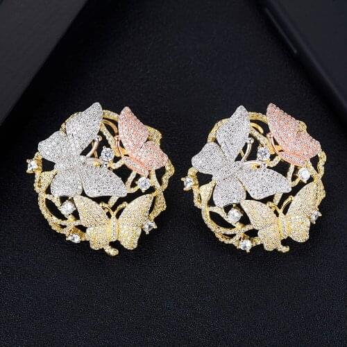 LARRAURI Trendy Bohemia Jewelry Lovely Big 3 Butterfly Stud Earrings For Women Wedding Cubic Zircon CZ Dubai Bridal Earrings