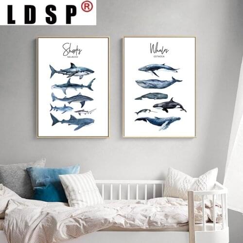 LDSP Nordic Marine Life Blue Whale Shark Canvas Painting Wall Art Print Poster Picture Modern Bedroom Home Decor