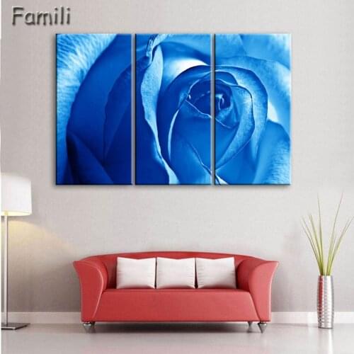 Hot Sale 3 Piece Wall Art Blue Rose Canvas Paintings Decorate Living Room Sofa Background Modern Blue Rose Flower Oil Painting