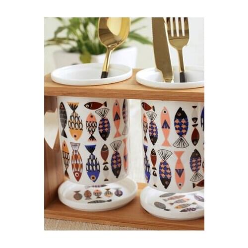 Multifunctional Japanese-style Ceramic Double Cylinder Drain Chopstick Holder Knife And Fork Storage Box Chopstick Barrel