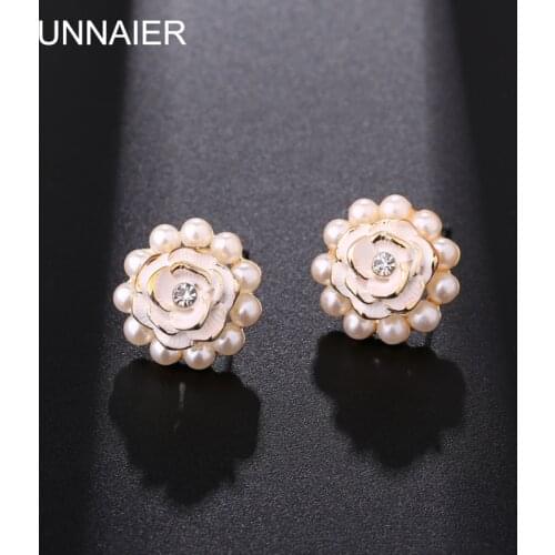 UNNAIER fashion sweet white Rose flower Earrings Female Imitation pearls Rhinestone Ear jewelry