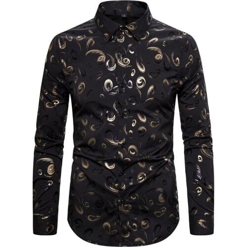 Mens Black Gold Floral Dress Shirts Shiny Bronzing Long Sleeve Shirt Men Business Wedding Groom Tuxedo Shirt Male Chemise Homme