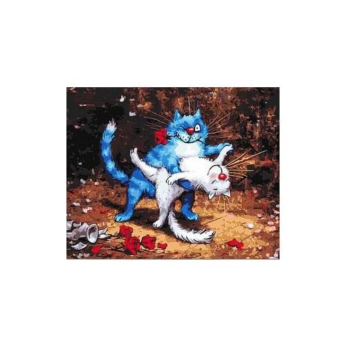 Blue cat and white cat jumping Latin dance animal coloring by numbers art canvas painting wall pictures for living room