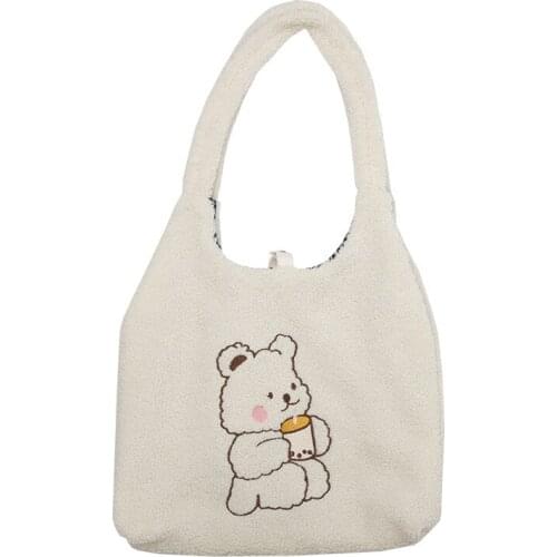 Winter New Preppy Style Cute Bear Embroidery Shoulder Bag Large Capacity Casual Shopping Bag Womens Luxury Handbag