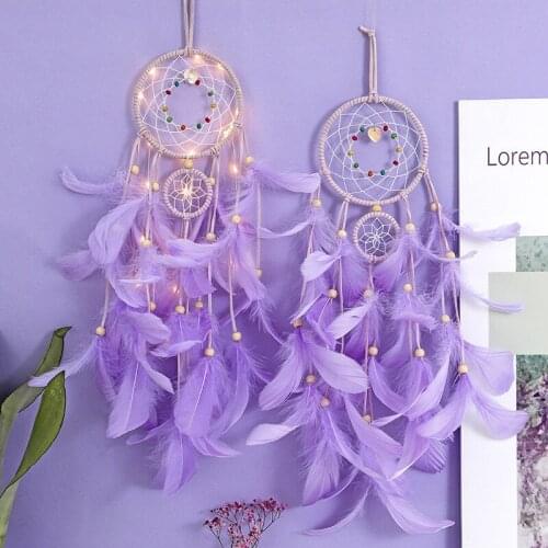 Purple Feather Pendant Girl Heart Dream Catcher Beaded Home Wall Hanging Wind Chimes Ornament Room Bedroom Garden Decoration