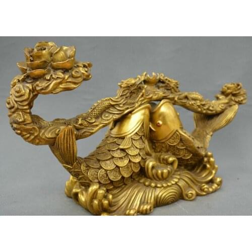 Collect China fengshui old Bronze fish ruyi two dragon auspicious peony statue